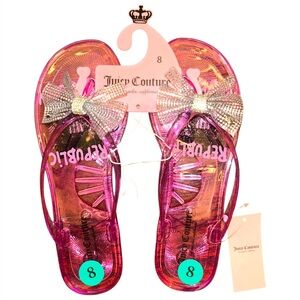 Juicy Couture “Spain” Jelly Flip Flops Pink Crystal Bow Sandals Size 8 NEW